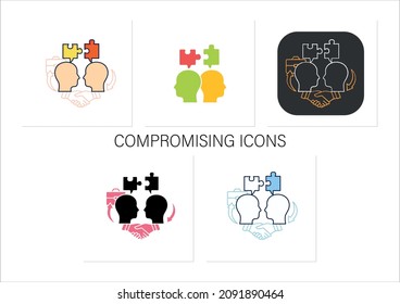 Compromising icons set.Dispute resolution. Successfully handles, resolves issues sensibly and fairly.Collection of icons in linear, filled, color styles.Isolated vector illustrations