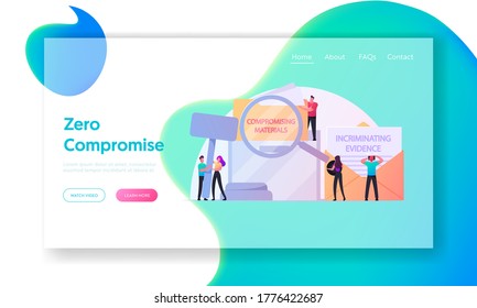 Compromising Material Landing Page Template. Tiny Characters with Magnifying Glass and Wooden Gavel at Huge Envelope with Incriminating Evidence Information. Cartoon People Vector Illustration