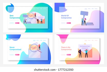 Compromising Material Landing Page Template Set. Tiny Characters with Magnifying Glass and Wooden Gavel at Huge Envelope with Incriminating Evidence Information. Cartoon People Vector Illustration