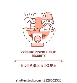 Compromising public security terracotta concept icon. Public safety violations abstract idea thin line illustration. Isolated outline drawing. Editable stroke. Arial, Myriad Pro-Bold fonts used