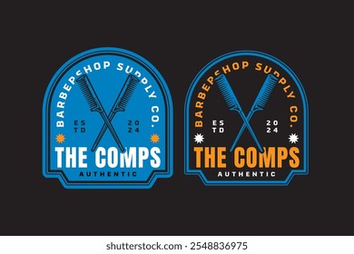 comps crossed barber tool retro badge logo design set for barbershop, salon, haircut, shaves, hairdressing, hipster, gentleman, beauty. hair comps barber equipment vintage emblem logo