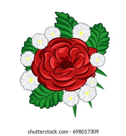 A compsition with roses and daisies for greeting card or wedding invitation