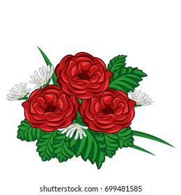 A compsition with roses and daisies for greeting card or wedding invitation