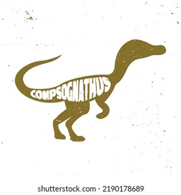 Compsognathus or Compy colorful dinosaur with lettering and texture. Vector illustration.