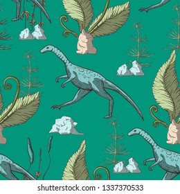 Compsognathus Dinosaur seamless pattern. Jurassic and Cretaceous animal. Prehistoric vector dino seamless pattern.