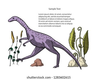 Compsognathus Dinosaurr in its habitat. Jurassic and Cretaceous animal. Prehistoric vector dino.