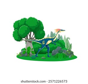 Compsognathus prehistoric dinosaur in a jungle environment. Cartoon vector carnivorous dino lived during the late jurassic period features bright colors and surrounded by lush ferns, trees and rocks