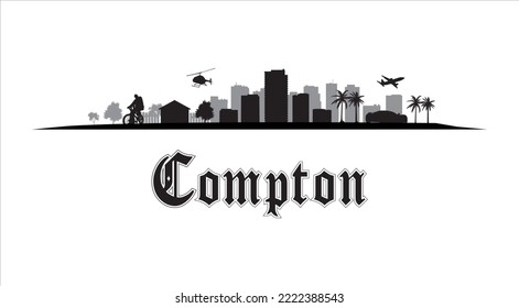 Compton, Los Angeles in California, United States Skyline, Urban Hood Landscape in vector graphic artwork. Gothic font, black silhouette design.