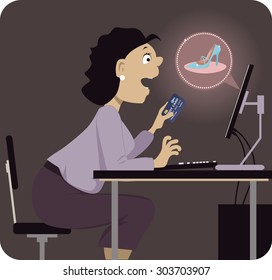 Compulsive shopper browsing shoes on Internet, holding a credit card in a hand, vector illustration, no transparencies, EPS 8