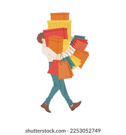 Compulsive shopper or shopaholic with a bunch of bags and boxes from store, flat vector illustration on white background. Compulsive shopping addiction concept.