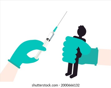 Compulsory vaccination, vector illustration. A picture for those who are afraid of universal vaccinations. Syringe in hand, man in fist. Pandemic theme. Anti covid. An illustration of mistrust.