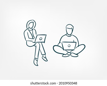compurer laptop work sit people isolated doodle simple vector set isolated