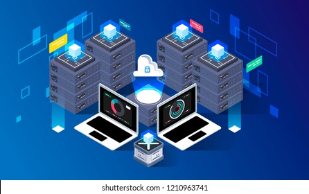 Computation of big data center, information processing, database. internet traffic routing, server room rack isometric vector technology