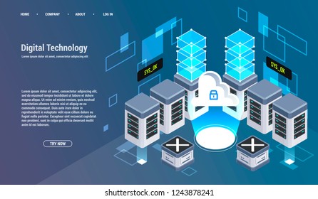 Computation of big data center, information processing, database. internet traffic routing, server room rack isometric vector technology