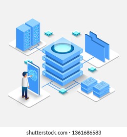 Computation of big data center, information processing, database. internet traffic routing, server room rack isometric vector technology 