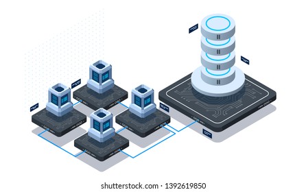 Computation of big data center, information processing, database. internet traffic routing. software development and programming. isometric vector technology