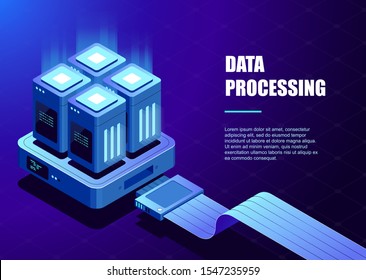 Computation of big data center, information processing, database. internet traffic routing. Server room, cloud storage technology, transmission and exchenge data center, isometric vector