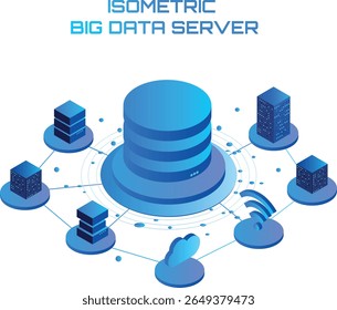 Computação de servidor de big data. Computação em nuvem. Informações de carregamento e download de dispositivos online. Tecnologia isométrica. Processamento de solicitações de informações, tecnologias de computador, azul vetorial isométrico