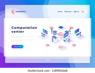 Computation center office people and interact with computers. Landing page template. 3d isometric vector illustration.