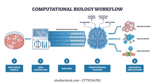 Computational biology workflow outline shows the path from sample to analysis, key objects, petri dish, DNA sequencer, brain network, outcomes include folding, pathways, drug targets. Outline diagram