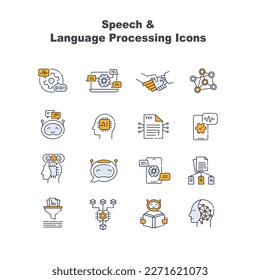 Computational linguistics icon set, human language technology, language engineering, text analytics, and text mining. Modern style Vector line icon with editable stroke.