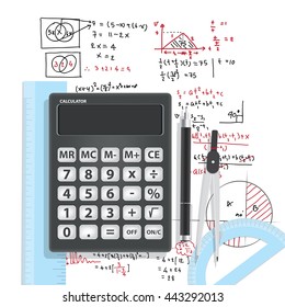 Computational Mathematics With Calculators And Accessories on Mathematical formula background vector. Education and Math Concept.