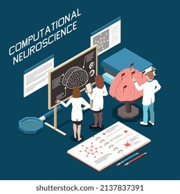 Computational neuroscience isometric composition with group of scientists working with brain model 3d vector illustration