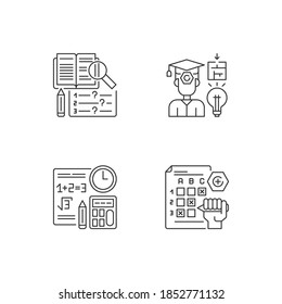 Computational test pixel perfect linear icons set. Reading and short answer exam. Proficiency testing. Customizable thin line contour symbols. Isolated vector outline illustrations. Editable stroke