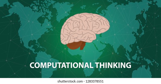 computational thinking concept with human head brain on top of world map with cyberspace world map background - vector illustration