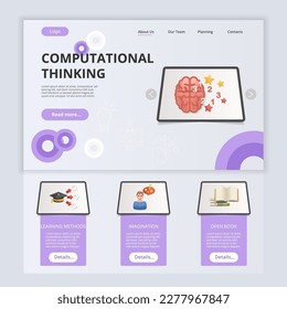 Computational thinking flat landing page website template. Learning methods, imagination, open book. Web banner with header, content and footer. Vector illustration.