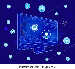 Compute with geometric shapes and icons vector. Profile of people, wifi connection sign, cogwheel gear and dollar coin currency. Message and papers