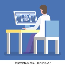 Computed tomography or magnetic resonance imaging vector, doctor with computer and brain scan. Laboratory research of scientist doctor works in clinic