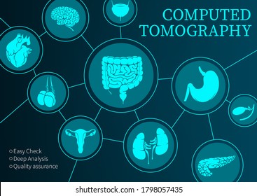 Computed tomography, medicine, vector MRI diagnostics and CT scan of internal organs, diagnostic medicine. Magnetic resonance imaging of kidneys, bladder, testicles and stomach, pancreas, neon poster