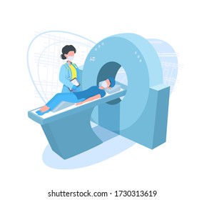 Computed tomography scan. CAT, MRI scanner. Patient lying, waiting for a procedure. Radiographer standing near CT scanner. The doctor radiologist wears a surgical mask and gloves.  svg