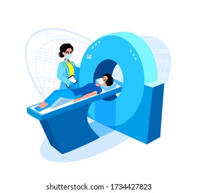 Computed tomography scan. CAT, MRI scanner. Patient lying, waiting for a procedure. Radiographer standing near CT scanner. The doctor radiologist wears a surgical mask and gloves.  svg