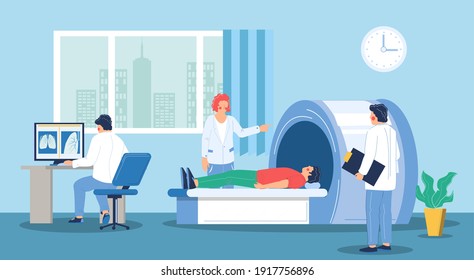 Computed tomography scan of the chest, flat vector illustration. Doctor looking at CT scan image of patient lungs on monitor screen. Pulmonology diagnostics. Radiography equipment for lungs checkup.