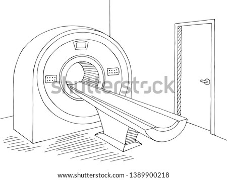 Computed tomography scan device hospital room interior graphic black white sketch illustration vector