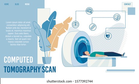 Computed Tomography Scan Medical Service. Trendy Flat Design Landing Page for Clinic Offering Hardware Examination, Diseases Detection and Treatment. Vector Cartoon Patient in Tomograph Illustration