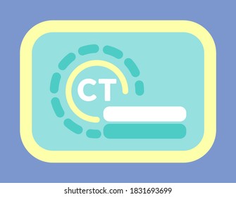 Servicio de tomografía computarizada en vector hospitalario, logotipo enmarcado con CT. Revisión de imágenes por resonancia magnética por resonancia magnética y investigación detallada del cerebro o el cuerpo