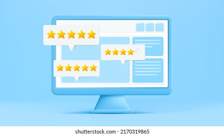 Computer 3d vector. Computer screen with customer feedback. Five stars customer review 3d. Website or application quality service feedback. Social media comment. Client feedback, online shoping.