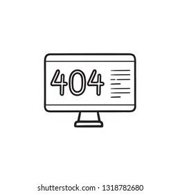 Computer with 404 error page hand drawn outline doodle icon. Page not found, browser warning concept. Vector sketch illustration for print, web, mobile and infographics on white background.
