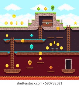 videojuego de 8 bits de píxel de ordenador. Diseño vectorial de juegos de plataforma y arcade. Juego con ilustración de capas y escaleras