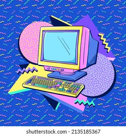 Computer 90s Poster. Retro Home Computer. Personal Computer With Keyboard. 1990s Trendy Illustration. Nostalgia For The 90s.