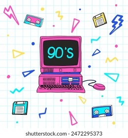 Afiche de los 90. Ordenador retro. Ordenador personal con teclado. Ilustración de moda de los años 90. Nostalgia de los 90. Afiches vintage. Elementos retro de los años 90. ilustraciones dibujadas a mano.