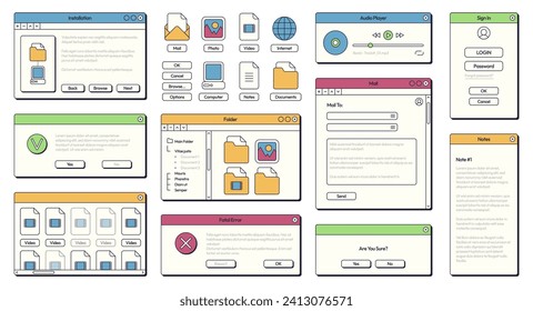 UI de PC 90s. Paneles de interfaz gráfica de usuario de estilo retro 80 y 90 con botones y cuadros para el diseño de aplicaciones y sistemas operativos. Pantalla de notificación moderna vectorial de la ilustración de diseño gui 90s