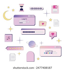 Computer 90s UI. Retro 80s and 90s style GUI panels with buttons and frames for application and operating system design. Retro browser computer windows in vaporwave style