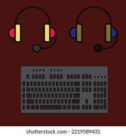 Computer accessories displayed on a red background. We also have specific elements of different colors