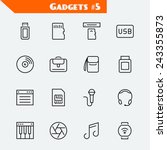 Computer accessories and gadgets icon set: flash drive, memory card, card reader, usb hdd, cd, laptop bag, camera bag, toner, soft, sim card, microphone, headset, synthesizer, shutter, smart watch
