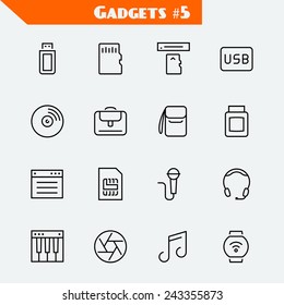 Computer accessories and gadgets icon set: flash drive, memory card, card reader, usb hdd, cd, laptop bag, camera bag, toner, soft, sim card, microphone, headset, synthesizer, shutter, smart watch