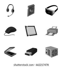 Computer accessories. Headphones, computer parts, accessories.Personal computer icon in set collection on monochrome style vector symbol stock illustration.